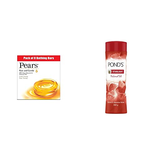 Image of Pears Pure And Gentle Bathing Bar, 125g (Pack Of 8) & Ponds Starlight Talc 300g