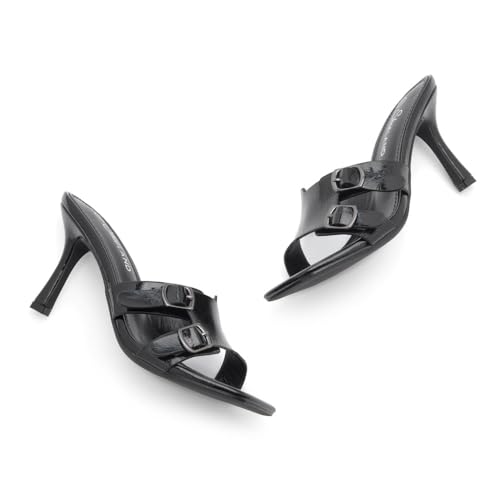 Image of Shoe Land Melrose Women's High Heels Stiletto Heeled Slides, Square Open Toe One Band Slip-On Heeled Mules - Dressy Clear Heeled Sandals for Prom Party Wedding and Vacation