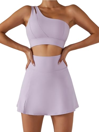 Women's Tennis Skirts One Shoulder Sport Bra Sets High Waisted Athletic Golf Skorts Skirt Cutout Medium Support Yoga Bra 2 Piece Workout Outfits Running Sports Activewear Lilac Small