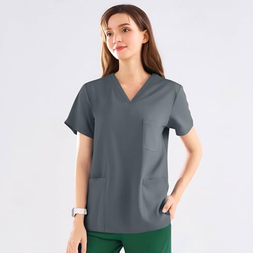 Image of FONMA Scrub Tops Women Plus Size Stretchy V-Neck Scrub Shirts with 4 Pockets Breathable Short Sleeve Nurse Uniforms