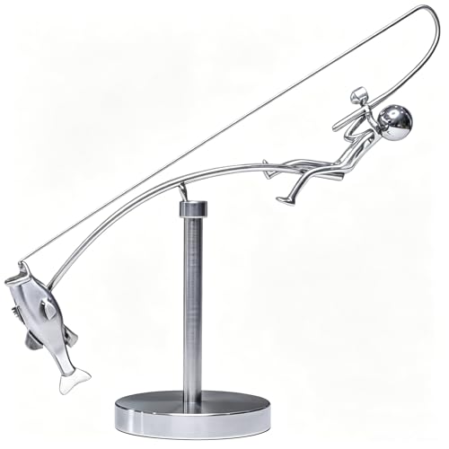 PIUOWAR Metal Kinetic Fisherman Balance Sculpture Artistic Fishing Statue Desk Decor for Home Office Unique Gift for Fishing Enthusiasts