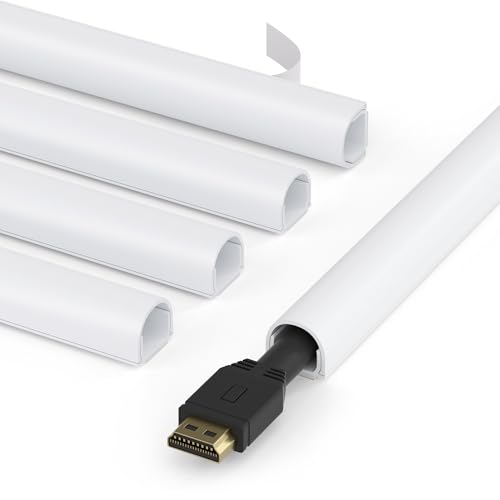 Image of ZhiYo 71in Cord Cover for 1 Wire on Wall, 0.5 inch W x 0.4 inch H, White | Upgraded Mini Raceway, Extra Capacity for Extension Cords, Half-Round Glazed Finish, Self-Adhesive, 5 Pack (14.2 inch Each)