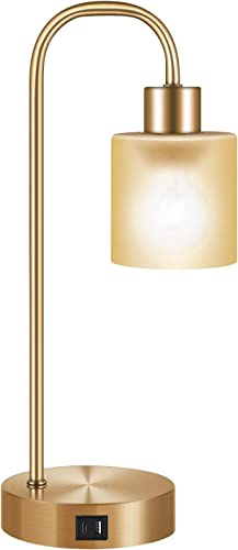keymit Table Lamp,1USB Port, 3 Way Dimmable Bedside Lamp, Edison Industrial Lamps for Bedroom, 1 Type C Matte Brass Minimalist for Living Room, LED Bulb Included