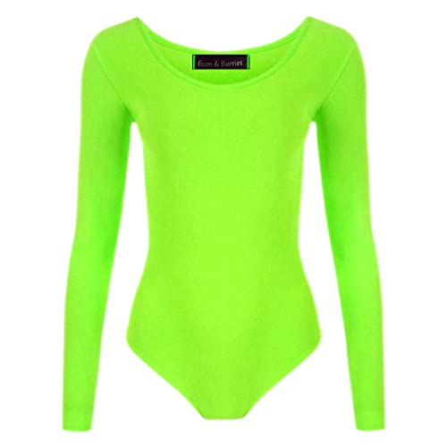 Girls Dance Leotard Long Sleeve Bodysuit for Gymnastic PE Ballet Swimming Neon Green -11-12 years