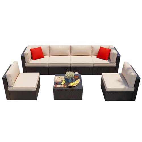 Shintenchi 7 Pieces Patio Furniture Sets Outdoor All-Weather Sectional Patio Sofa Set PE Rattan Manual Weaving Wicker Patio Conversation Set with Glass Table&Ottoman Cushion and Red Pillows, Beige - Image 6