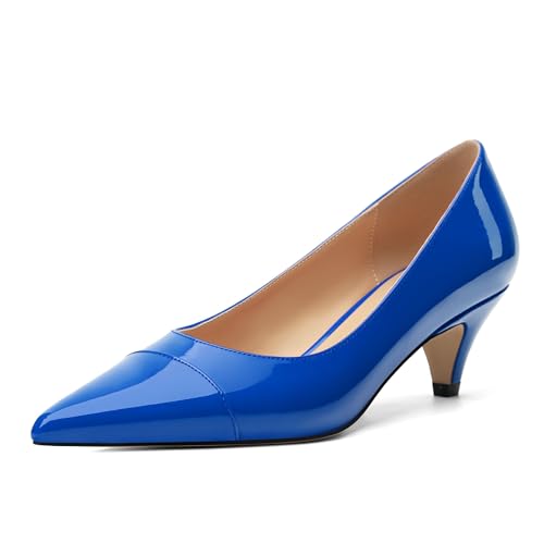 Womens Low Kitten Heels Pumps Pointed Toe Slip On Patent Leather Dressy Shoes 2 Inch