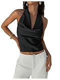 SweatyRocks Women's Backless Draped Satin Halter Tops Sleeveless Elegant Summer Tank Tops Black Small