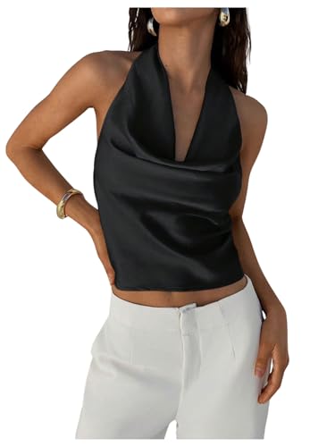 SweatyRocks Women's Backless Draped Satin Halter Tops Sleeveless Elegant Summer Tank Tops Black Small