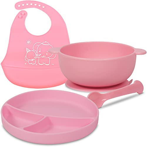 Conjunto Introdução Alimentar Prato de Silicone 3 Divisórias Tigela Colher Com Ventosa E Babador de