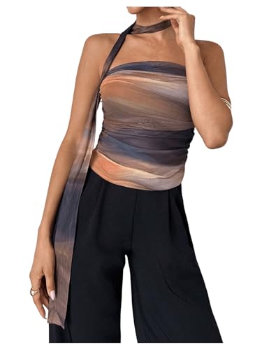 GORGLITTER Women's Tie Dye Ruched Strapless Halter Tube Top Mesh Backless Going Out Bandeau Top with Scarf