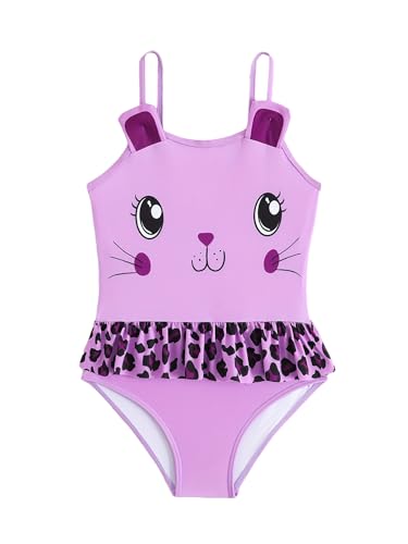 Kids Girls Cute Kitty One Piece Swimwear Spaghetti Straps Ruffles Beach Bikini Bathing Suits