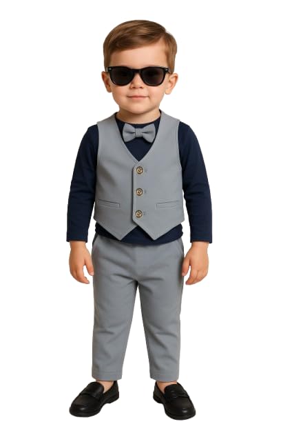 Baby Boys and Girls Solid Cotton Blend Blazer Style T Shirt and Pant Set with Bow Tie Toddlers for Kids (Grey & Blue)-image-20