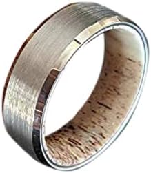 Deer Antler Wedding Rings for Men Beveled Tungsten Ring Unique Brushed Silver Nature Wedding Band Antler Rings for Hunters
