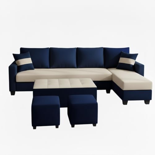 Image of CASASTYLE Adonway 8 Seater Fabric RHS L Shape Sofa Set (Cream-Dark Blue) Premium Velvet Finish | Ideal for Living Rooms