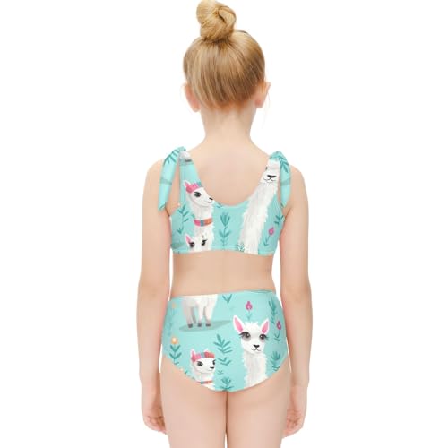Girls' Bikini Set, White Llamas Teal Kids Swimsuit 2 Pcs Beach Bathing Suit4