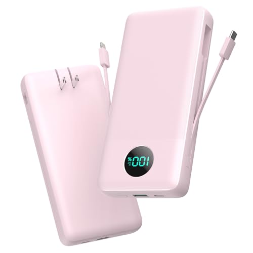Portable Charger 33800mAh USB C Power Bank with Built-in Cables & AC Wall Plug,25W Fast Charging+QC 4.0 Phone Charger,4 Output LCD Display Battery Pack Compatible with iPhone15/14,Samsung,Android etc