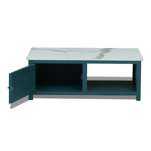 Image of Solid Wood Center Table Premium Sintered Stone Coffee Table for Living Room Wooden Centre Table Premium Acrylic Emerald Green Finish 110 x 60 x 40 cm