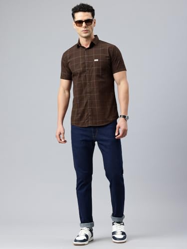 Image of Majestic Man Men Comfort Slim Fit Checked Pure Cotton Half Sleeve Casual Shirt