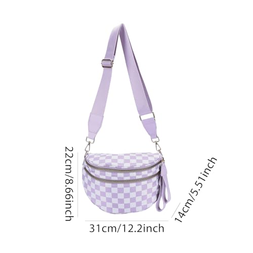 Image of Lushandy Bum Bag Women's Checkered Crossbody Bag Nylon Cross Body Bags Plaid Mom Everyday Purse for Travel (Checkered Purple)