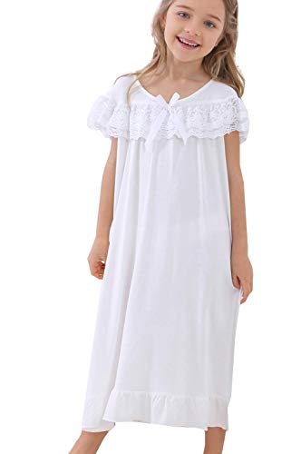 PUFSUNJJ Lovely Girls Princess Nightgown Soft Cotton Sleepwear Kids 3-12 Years Cream