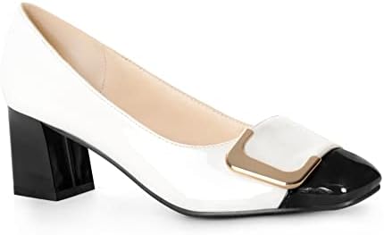 ANN CREEK Women's 'Angela' White Pump Shoes Chunky Heel Pumps Square Toe Block Heel Pumps Low Heel Pumps Ladies Two Tone Dress Pump Shoes Office Formal Shoes White Heels White Size 9.5