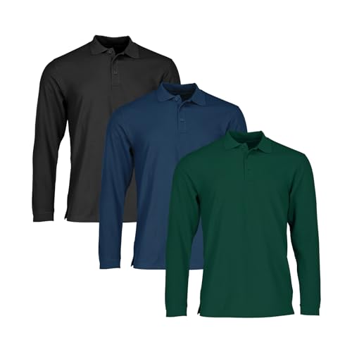 Fruit of the Loom 3er Pack Premium Long Sleeve Polo Herren Langarm Poloshirt, Black + Navy + Forest Green, L