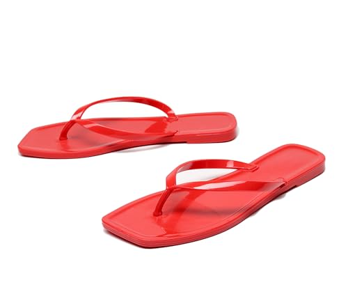Image of Womens Flip Flops Thong Sandals Jelly Shoes Flat for Ladies Slides Red Slippers Size 6 Slip On Square Toe Summer Beach Dressy