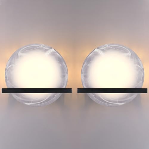 Image of 10 inch Round Frosted Glass Bathroom Wall Sconce Concise Style 2 Pack 2 Light Wall Light Fixture,Black Finish for Bedroom Hallway Bedside Living Room