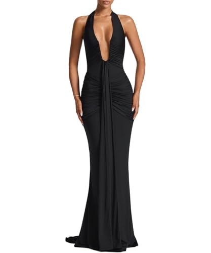 Women's Sexy Deep V-Neck Maxi Dress Sleeveless Halter Ruched Bodycon Formal Cocktail Party Evening Dresses,Black,M
