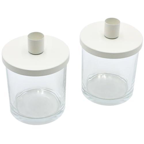 Dekohelden24 Stabkerzenhalter - Dekorationsglas - Glas mit Deckel für 1 Stabkerze als 2er Set, weiß, Glas zum individuellen Dekorieren, Größe H/Ø: ca.12 x 9 cm