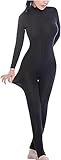Womens Silky Bodystocking Lingerie Neck Long Sleeve Unitard Full Leotard Front double zipper Jumpsuit(black-1, M)