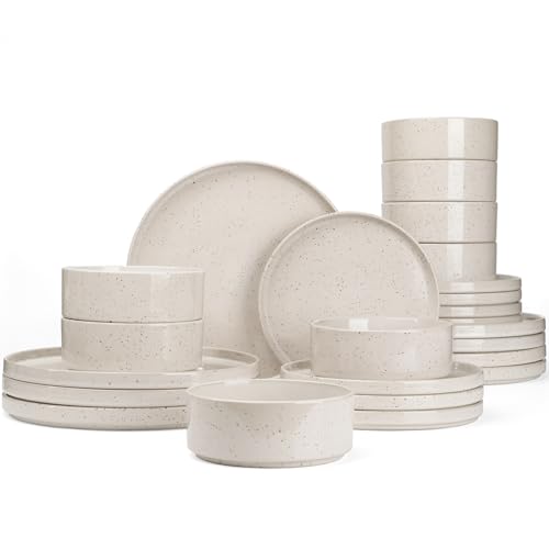Image of Famiware Nebula Plates and Bowls Set, 24 Pieces Dinnerware Sets, Dishes Set for 8, Creamy White with Colorful Speckles