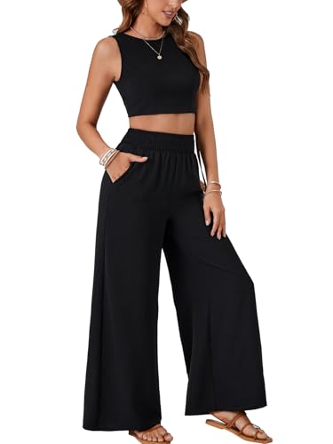 Vrtige Women's 2 Piece Outfits Backless Tie Back Sleeveless Crop Tank Top and Shirred Wid Leg Pants Set4
