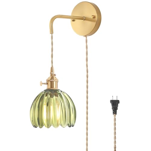 Image of Shenmoyl Vintage Wall Sconce Wall Lamp with Green Tulip Glass Shade Hanging Wall Sconce with 4.9FT Plug in Cord, Modern Wall Lamp Fixtures Decor for Bedside Bedroom Indoor Doorway