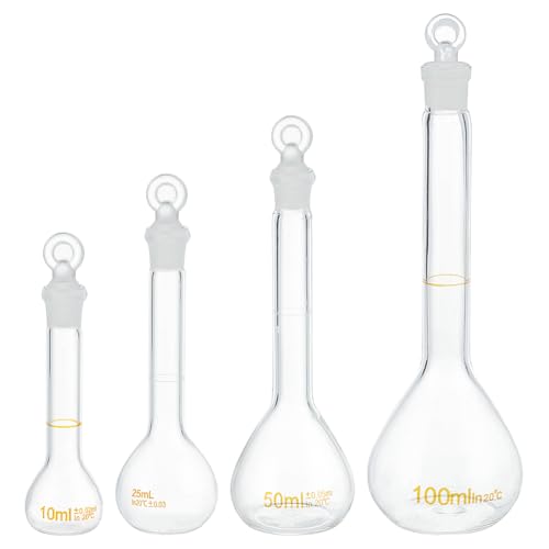 OLYCRAFT 4pcs Volumetric Flask 10ml/25ml/50ml/100ml Volumetric Flask Set with Glass Cap Durability & Chemical Resistance Glass Bottle for Laboratory Project