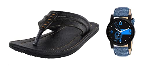 Image of GoodFeel Synthetic Leather Flat Outdoor Sandal Slipper Flip Flop With One Analog Multicolor Leather Watch For Men [1004BK9][WCH66]
