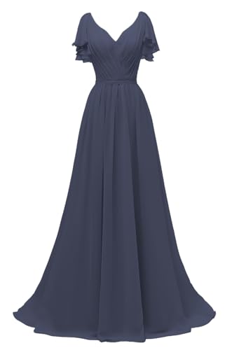 Image of Yexinbridal Ruffle Sleeves Bridesmaid Dresses V-Neck Chiffon Long Formal Wedding Evening Party Gowns for Women