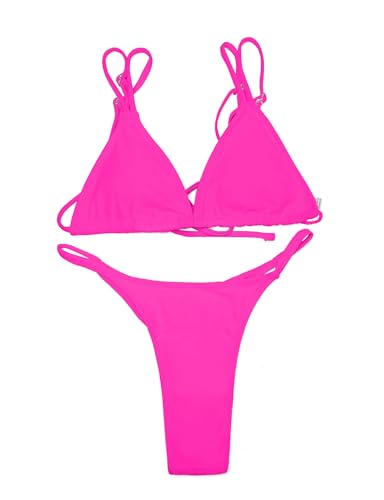Image of Women's Sexy Thong Bottom Two Piece Bikini Double Shoulder Straps Cute Swimsuit Triangle Bathing Suit