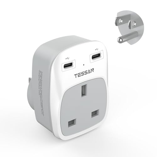 UK to US Plug Adaptor, TESSAN USA Travel Adapter with 2 USB C, 3 in 1 UK to USA Adapter, Type B Plug for Canada, Thailand, Mexico