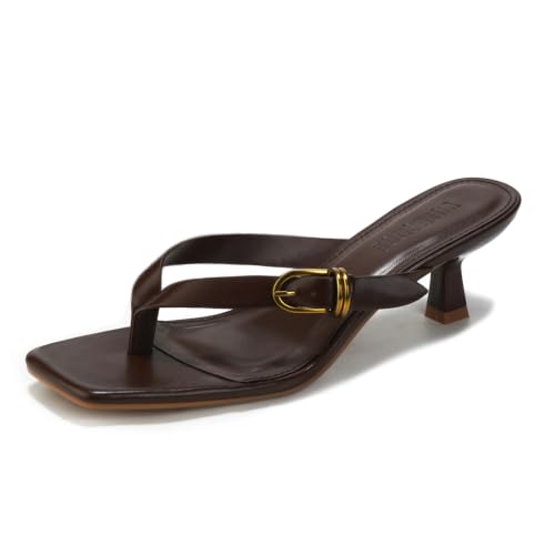 YULVSHOE Brown Kitten Heels Square Open Toe Flip Flop 2 Inch Thong Heels Heeled Sandals for Women
