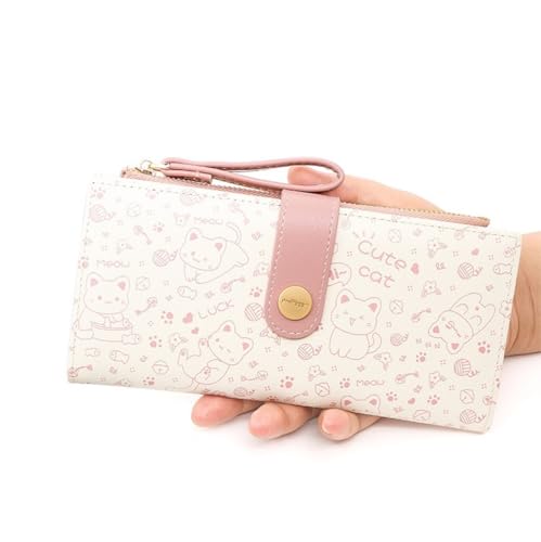 JHTPSLR Cute Cat Wallet for Women Teen Girls Large Credit Card Holder with Wristlet Strap Zipper Coin Pocket PU Leather Wallets Cutecore Accessories Cutecore Stuff (Pink)2