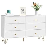CARPETNAL White Dresser for Bedroom, 6 Drawer Dresser with Wide Drawers and Gold Metal Handles, Wood Dressers & Chest of Hallway, Nursery.