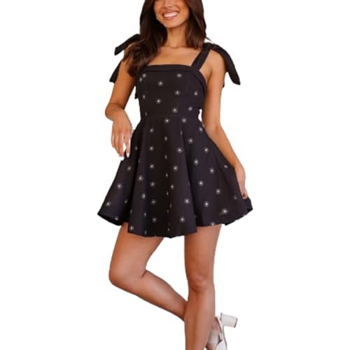 Image of Women Tie Shoulder Mini Dress Floral Ruffle Babydoll Dress Boho Square Neck Sundress Cute Summer Dresses