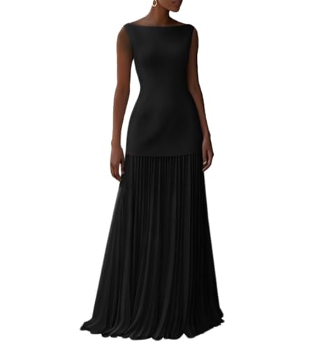 Fivsole Pleated Bridesmaid Dresses for Women Long Boat Neck Formal Wedding Guest Party Dress