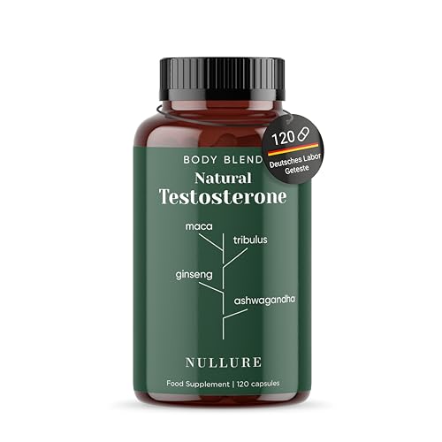 Testosteron Natürlicher Booster Nullure | Vegan | Ashwagandha + Maca + Panax Ginseng + Bockshornklee + Tribulus Terrestris + Zink | Leistung · Libido · Muskelaufbau · Energie | 120 Kapseln (2 Monate)