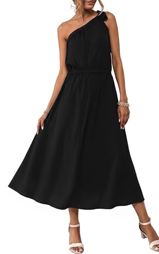 Image of ECOWISH Womens Summer One Shoulder Maxi Dress Casual Polka Dot Midi Dresses Sleeveless Long Pockets Sundress Beach Vacation