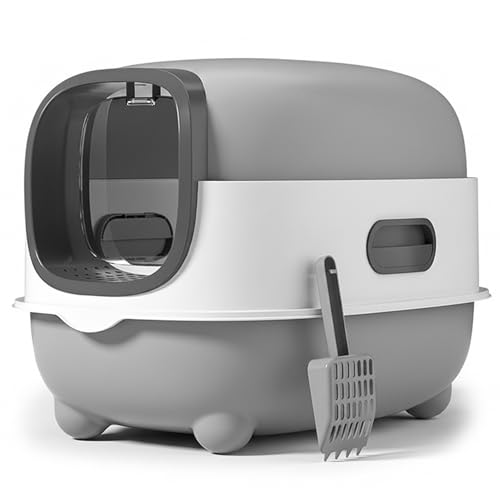 Caja de arena para gatos cerrada de plástico ABS gris claro con tapa y pala 2