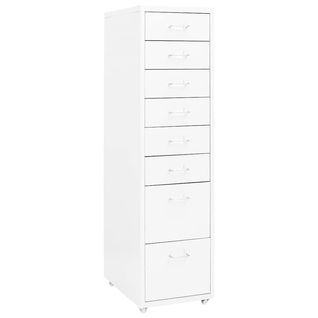 Armadietto bianco con ruote, 28 x 41 x 109 cm, in metallo, 8 cassetti, chiudibile, per ufficio, casa, studio, archiviazione, documenti, cartelle, cartelle sospese, durevole