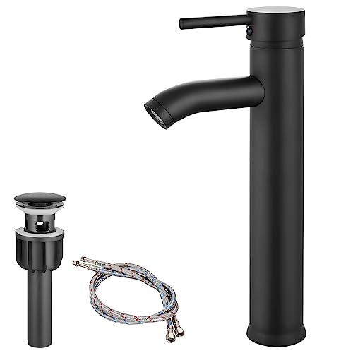 Heyalan Vessel Sink Faucet,Stainless Steel Tall Bathroom Faucet Single Handle Matte Black Restroom Faucet Tall Circular Spout Lavatory Vanity Deck Mount Bowl Basin Mixer Bar Tap One Hole Pop Up Drain #TOP30