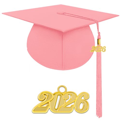 Herrenbek Matte Adult Graduation Cap with 2026 Tassel Unisex Adjustable Graduation Cap Pink